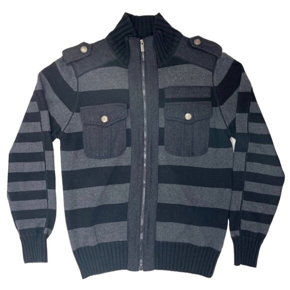 X-RAY Men's Sweater Jacket Large‎ Black Grey Stripe Full Zip Epaulets High Neck - Picture 1 of 13